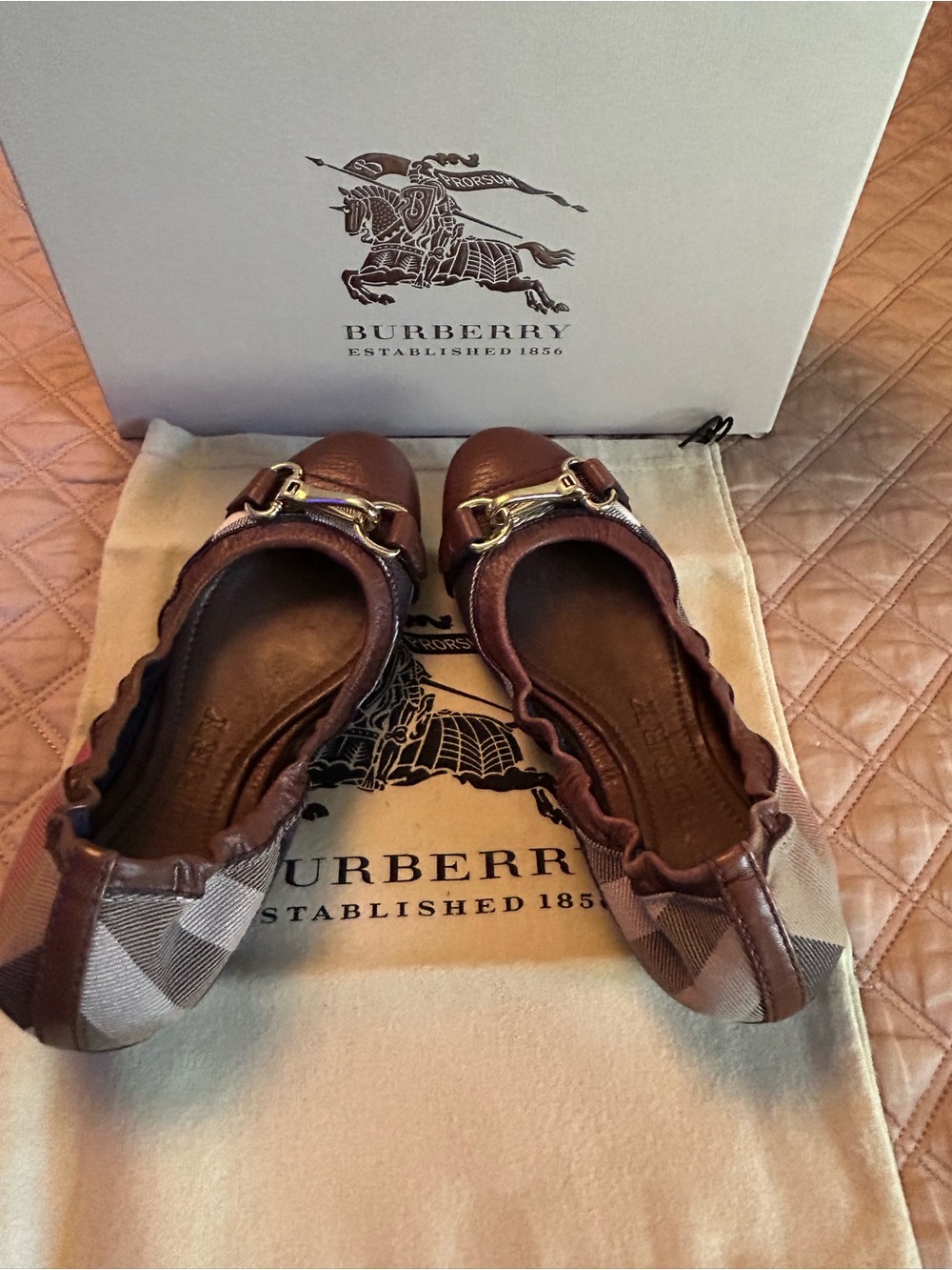 Burberry Brown Leather & Check Ballet Flats with Gold Buckle